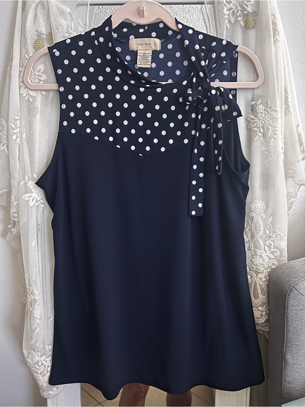 Dana Buchman Navy and White Polka Dot Tie-Neck Sleeveless Top